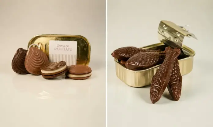 Lata de ostras y sardinas de chocolate. Bombones Dulce Tentación